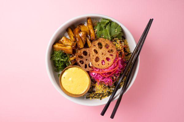 Vegan Eggplant Rice Bowl (Hoisin glazed eggplants, vegan carrot mint sauce, wasabi lotus chips, herbs, sesame seeds, furikake, steamed rice)