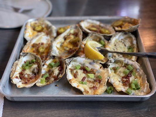 Chargrilled Oysters (Jalpeno Cheddar and Parmesan Garlic, both topped with Bacon)  super tasty but small.