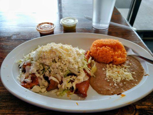 Enchiladas Rojas (Can you spot the lettuce and missing sauce?)