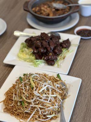 Pan fried noodles, French beef, eggplant clay pot