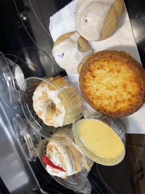 Tres leches cake, flan, cinnamon crumb, Bundt cake, mini coconut pie, lemon cookies