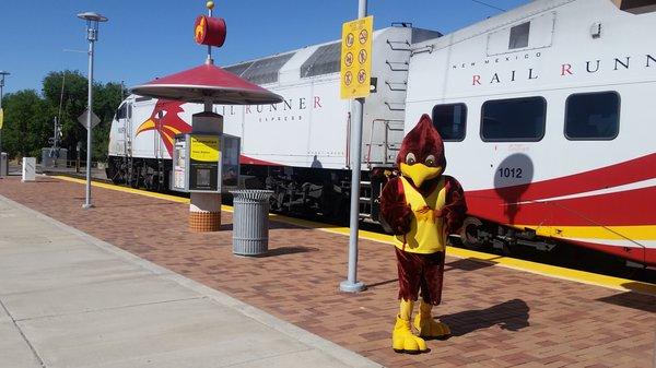 Trax the Rail Runner mascot at the Los Ranchos Journal Center Rail Runner Station