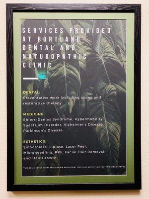 Services provided at Portland Dental and Naturopatic Clinic