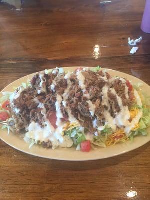 Pork BBQ salad with Ranch dressing.