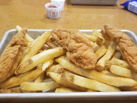 Chicken tenders 3 pieces + French Fries.  Order as a kids' meal with included fountain or bottled drink AND Oreos or apple snack for $15.