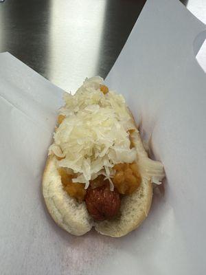 Red onion and sauerkraut hot dog