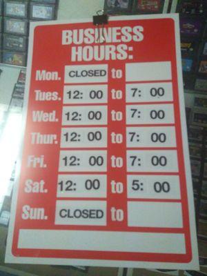 Regular hours Winter hours are until 6pm weekdays