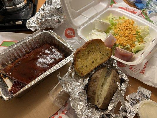 1/2 rack BBQ ribs - garlic bread, potato & dorito salad.