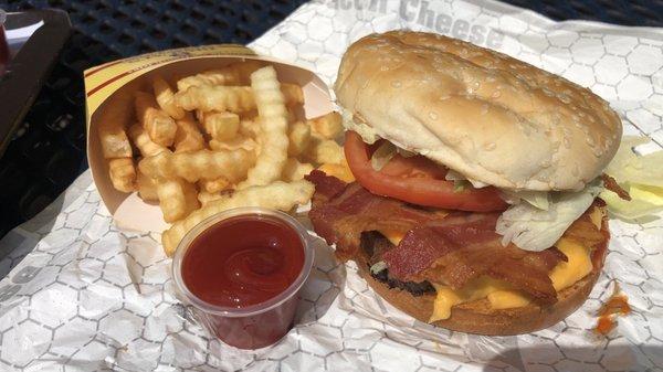 Bacon cheeseburger and fries