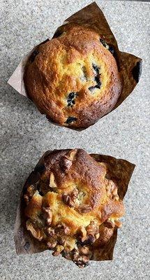 Top: blueberry muffin. Bottom: banana nut muffin.