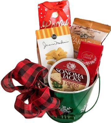 Green Snowflake Bucket with sweet & Savory Delights - Holiday Gift Basket