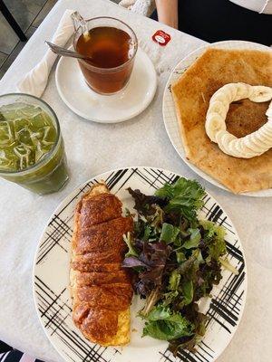 Banane et Nutella Crepe, Bacon Egg and Cheese Croissant,  Tea, Matcha Iced Tea Lemonade