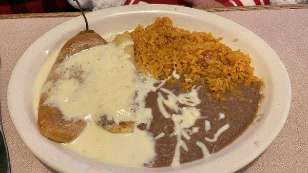 Chile relleno, cheese enchilada, rice and beans