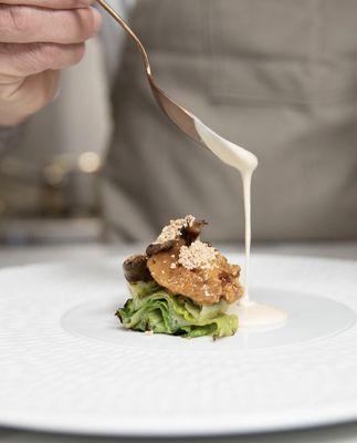 ROMAINE * jidori chicken oysters * oyster mushrooms * smoked oyster veloute