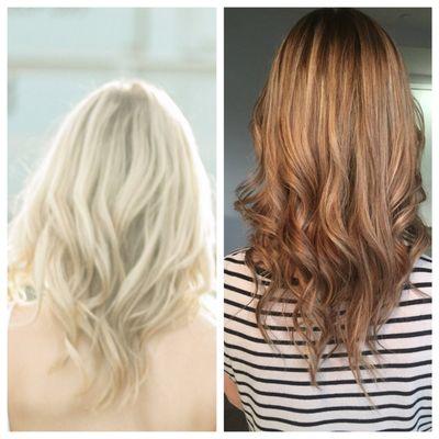 Left: hair after overhighlighting Right: much more natural after appt. with stylist Kelly