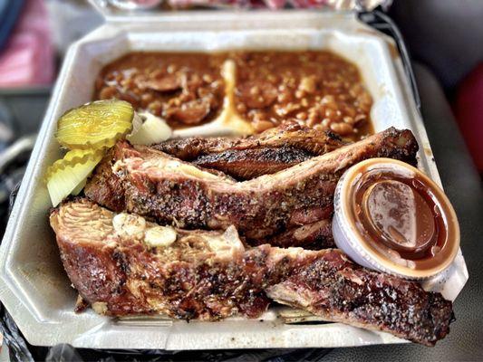 2 meat combo, Ribs and Brisket, with double Beans.