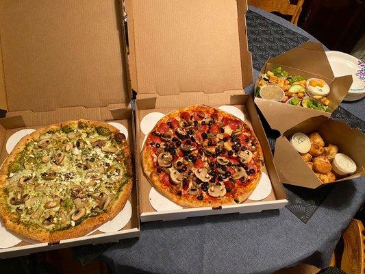 Supreme Pizza, Large Garlic Knots, House Garden Salad, Feta's Betta