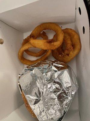 Mushroom burger and onion rings