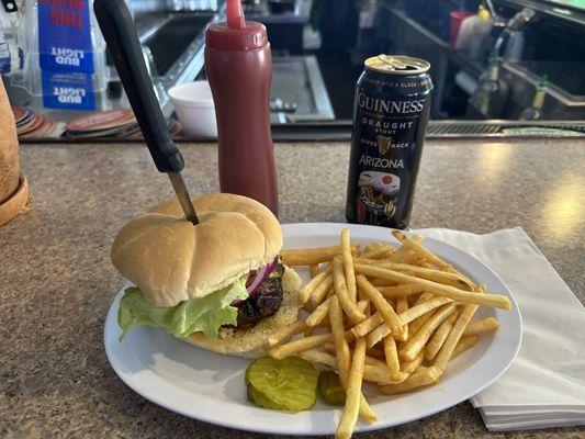 Cheeseburger, Guinness, well done fries.