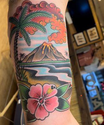 Hibiscus Tattoo, Palm Tree Tattoo, Sunset scene Tattoo. Volcano Tattoo.      By Tommy Tingle