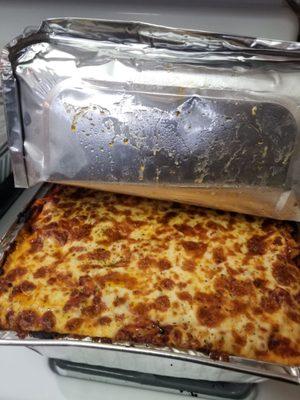 Baked Mostaccioli with extra bubbly cheese!  Full tray.