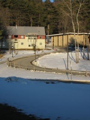 One of The Bridges on the left and Chumley Hall on the right.