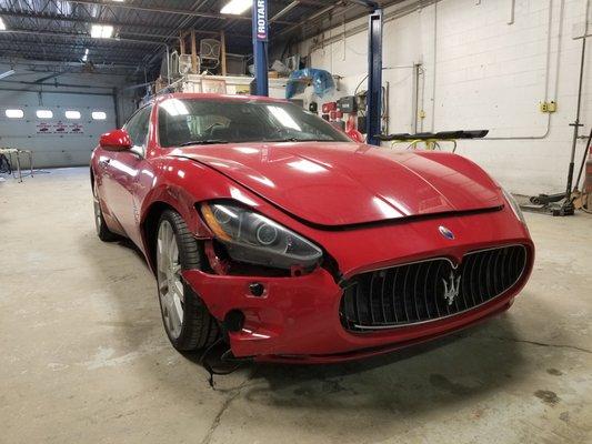 A Maserati Gran Turismo took a hit to the right front. Not fun!