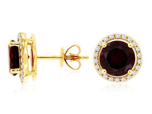 14K Yellow Gold Round Garnet and Diamond Halo Stud Earrings