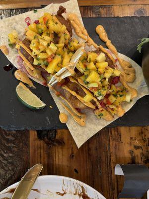 Fish Tacos with batter fried Cod, pineapple bits and spicy aioli!