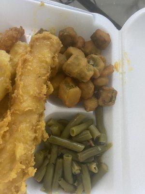 Fried Okra with Mac and cheese in the box