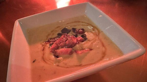 Chef special rustic sweet potato soup w crispy fried sage ,bacon & honey chipotle drizzle. For shizzle