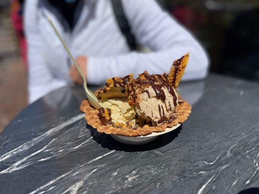 Vegan Pistachio & DF Peanut Butter Chip ice cream with honeycomb in a Waffle Bowl. 5 out of 5. (Wished they had Bee's Knees in rotation!)