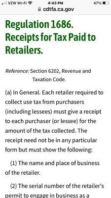 California consumer right to a receipt for any purchase which involves taxation of any purchase.