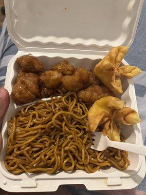 Honey chicken, lo mein, and cream cheese wonton