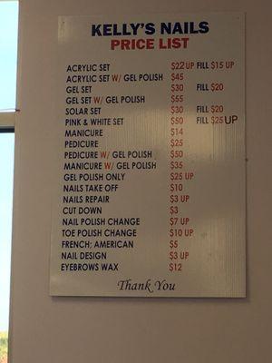 Pricey! Do not expect to pay these prices. I went for a regular polish change, no gel and it was $18. These prices are for your own nails.