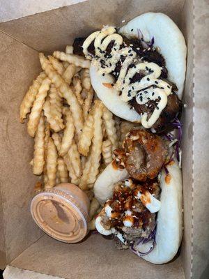 Spicy Yoshi Ginger Chicken Bao and Roasted Pork Belly Bao combo with fries