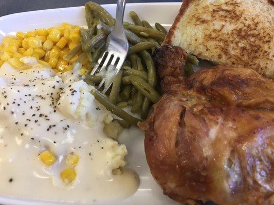 Tuesday's special: Baked chicken w/ corn, green, mashed taters & gravy and slice of toast. Meh.