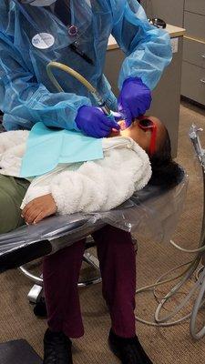 My 3 yr old getting her first teeth cleaning and exam.