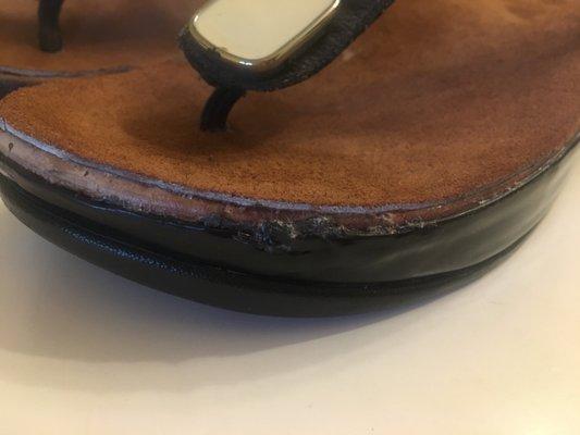 AFTER: He mangled the sole, then placed a roughly cut  piece of leather on top of the footbed which does not tuck into the sole.