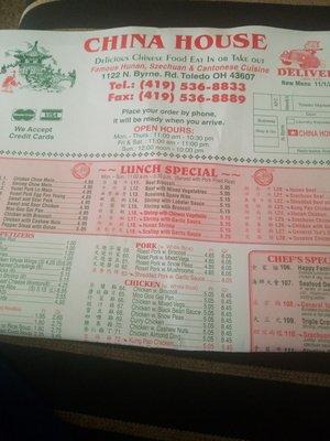 Menu and phone number