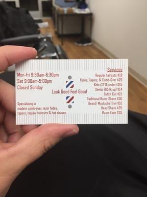 TopRank Barbershop's back of business card. Haircut prices.