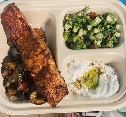 Salmon over sabich (grilled veg), tabouli, labneh