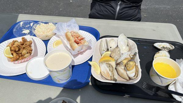 Whole Belly Clams, lobster roll, steamers, cole slaw, NE clam chowder