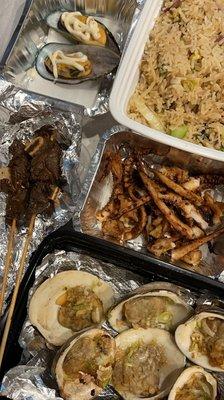 Bbq Grilled Clam, Grilled Squid Tentacles, Grilled Mussels, Short Ribs Skewer & Vegetable House Fried Rice