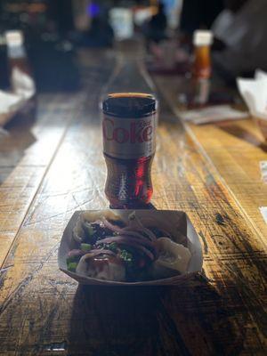 5 Pork & Leek dumplings, no sides ($10) with a diet coke ($?, no price listed so I just swiped my card)