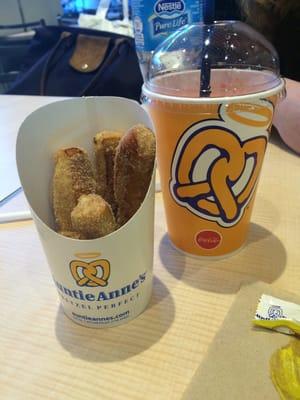 These are the sugar/cinnamon pretzel sticks with a drink.