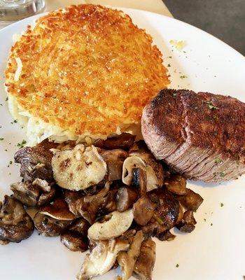 Beef Tenderloin with hash browns and mushrooms