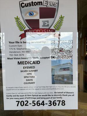 Poster explaining closure of Gem Optical and where client files are being serviced.