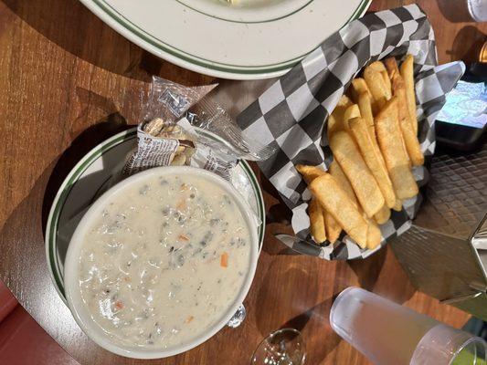 Chicken and wild rice soup, French fries