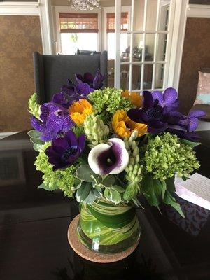 Purple three ways plus sunflowers because it's July!  Awesome even after four days without any trimming or water, which I need to do.